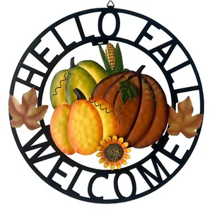 Metal Pumpkin Welcome Wreath – Hello Fall Autumn Harvest Decor - Picture 1 of 10