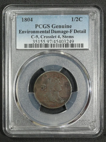 1804 C-9, Crosslet 4, Stems Draped Bust Copper Half Cent PCGS F Detail - Enviro Cover