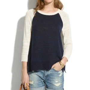 Madewell JCrew Raglan split hem linen blend sweater Navy and White Size S - Picture 1 of 5