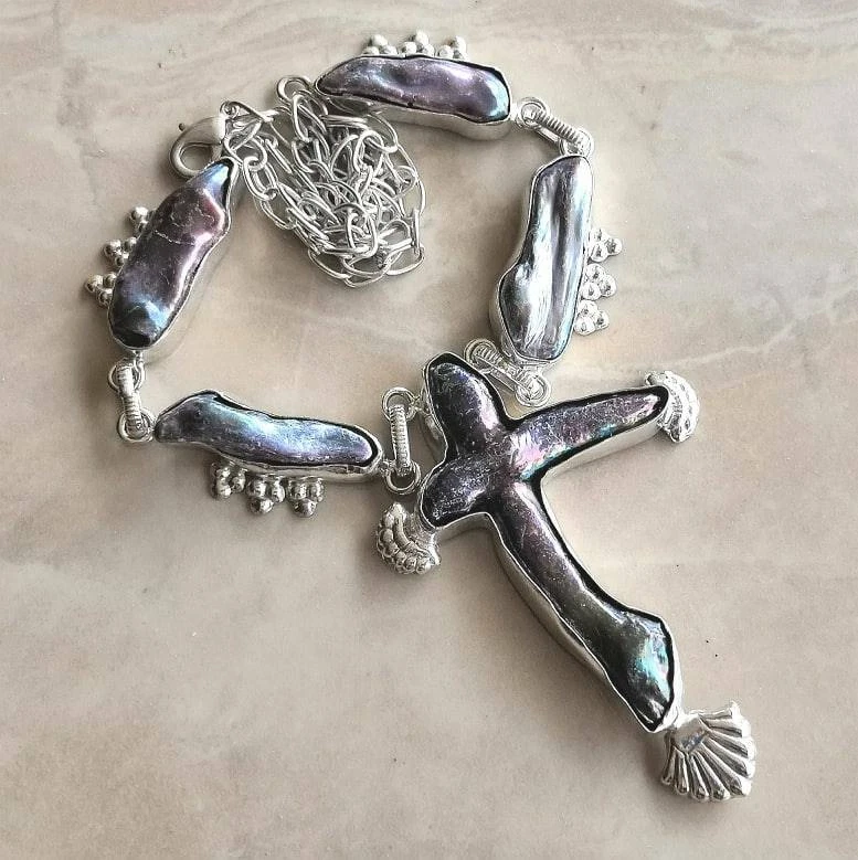 Handmade Raro Naturale Croce Biwa Perle 925 Argento Sterling Collana 20 " - Immagine 1 di 1