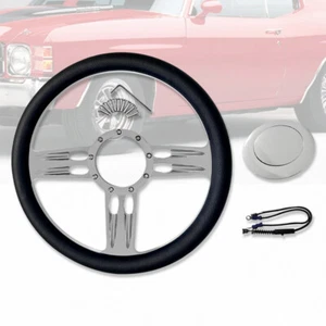 Chrome Aluminum 9 Holes Bullet 14" Steering Wheel w/ Black Leather & Horn Button - Picture 1 of 6