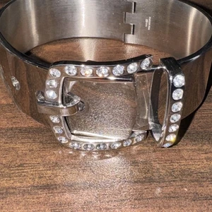 Womens Stainless Steel Belt Buckle Rhinestones Design Bracelet Cuff - Picture 1 of 7