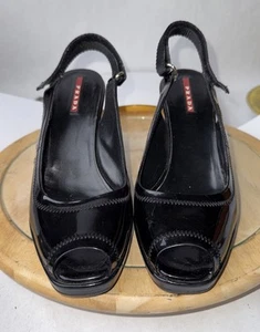 Prada Sport Open Toe Heels Wedge Sandals Pumps Slingbacks Black 37.5 7.5 - Picture 1 of 9