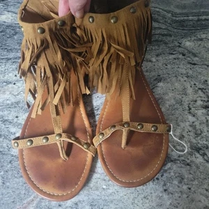 Fringe Gladiator Sandals Studded Brown Strappy Thong Ankle Summer Shoes - Picture 1 of 4