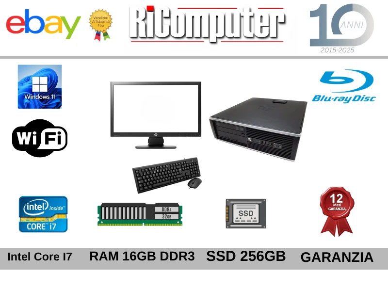 Postazione PC i7 16GB RAM SSD Monitor 22 Mouse Tastiera Lettore Blueray Win 11 - Immagine 1 di 1