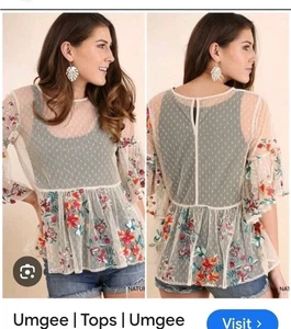 Umgee USA Medium Damen Top Spitze Boho Schweizer Punkte Blumenstickerei durchsichtig fließend - Bild 1 von 7