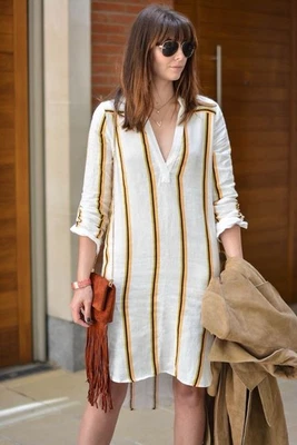 H&M 100% Linen High Low Asymmetrical Shirt Dress - White Orange Stripe, Size 14 - Image 1 of 4