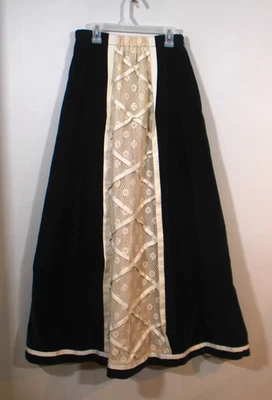 70s Maxi Skirt Vintage Chessa Davis Black Velvet w/Lace Whimsigoth Goth Fairy - Image 1 of 4
