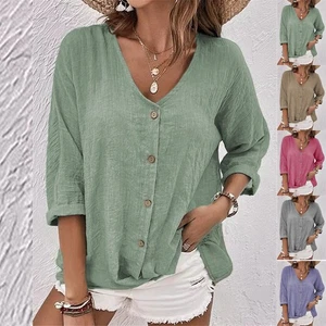 Women V neck Top 3/4 Sleeve Plain Button Decor Tie Blouse Holiday Casual T-shirt - Picture 1 of 15