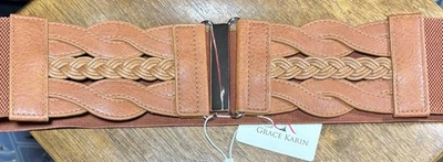 "Cinturón de cintura Grace Karin nuevo con etiquetas marrón imitación cuero extremos banda flexible talla 34-36 3-1/8"" de ancho" Foto 1 de 4
