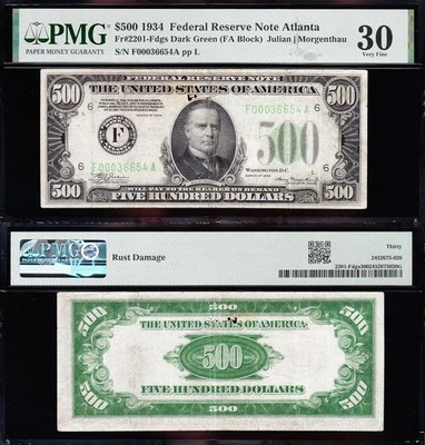 VF++ Graded 1934 $500 *ATLANTA* FRN bill! PMG 30! FREE SHIPPING! F00036654A - Image 1 of 3