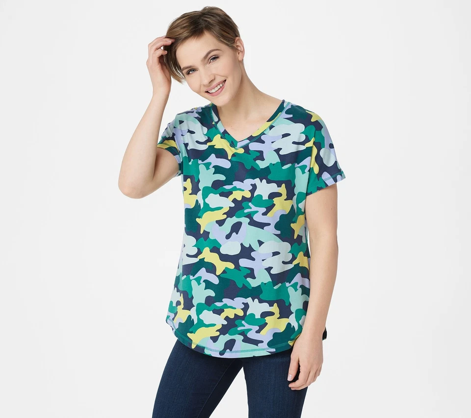 Isaac Mizrahi Live! Blusa de malha SOHO estampa camuflada manga curta - Verde, tamanho: pequena - Imagem 1 de 1