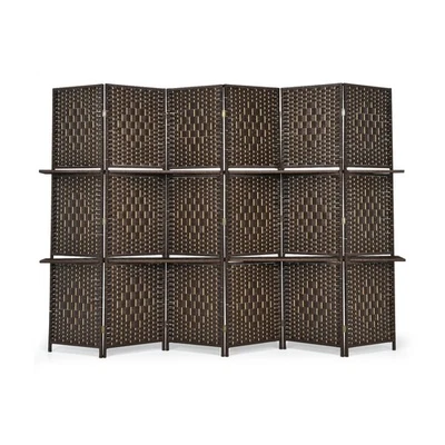 6 Panel Folding Room Divider 6' Weave Fiber Screen W/ 2 Display Shelves Brown - Image 1 of 4