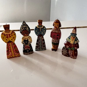 Set Of 5 Sergiev Posad Hand Carved Painted Wooden Russian Folk Art Ornaments - Picture 1 of 14