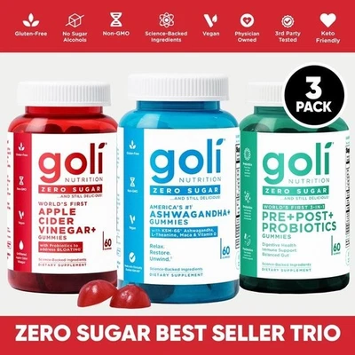 3 Bottles Goli Zero Sugar Best Seller Trio Set Gummies, 60 Counts Per Bottle - Image 1 of 4