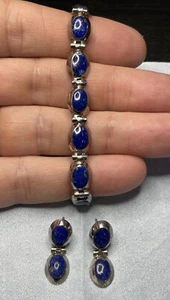 Vintage Lapis Lazuli Oval Cabochon & Sterling Silver 925 Bracelet and Earrings  - Picture 1 of 7