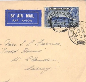 GIBRALTAR KGV Air Mail 3d SINGLE FRANKING 1934 Shipping Crest Cover Surrey YW40 - Picture 1 of 12