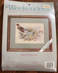 Kit de punto de cruz contado vintage de fin de semana 5x7 gorrión con nido con tapete - Imagen 1 de 3
