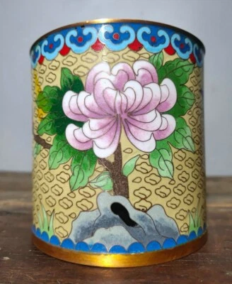 4,6-дюймовая маркированная китайская медная эмаль цветок птица щетка горшок карандаш ваза Qianlong - Изображение 1 из 4