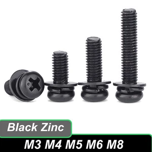 Black Zinc Machine Pan Head Combination Screws + Spring/Flat Washer M3 M4 M5 M8 - Picture 1 of 5