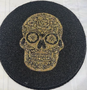 Halloween Perlen Tischset Schwarz Gold Sugar Scull Schwarz Tahari Neu Neu mit Etikett 15" - Bild 1 von 8