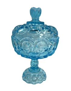 LG Wright Glass Opalescent Blue Moon Stars Lidded Compote Pedestal Dish 9.75” - Picture 1 of 24