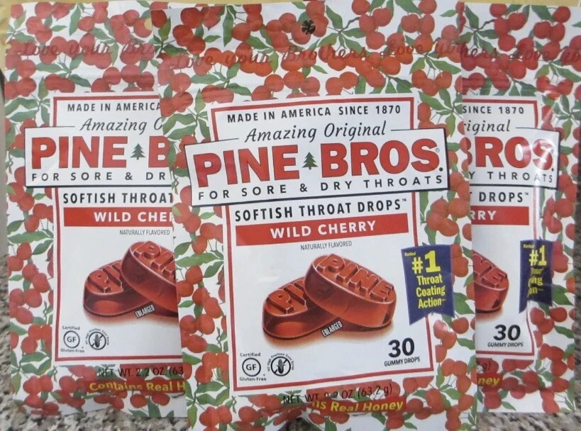 Lote de 3 gotas para la tos Pine Bros Wild Cherry Throat 30 gomitas cada una caducidad 1/2027 Foto 1 de 1