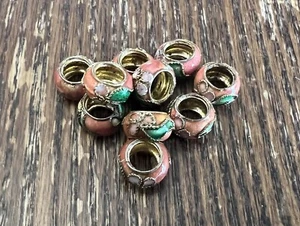 Old Stock Pink- Peach Cloisonné Floral Rondell Big Hole Metal Bead Lot. - Picture 1 of 3