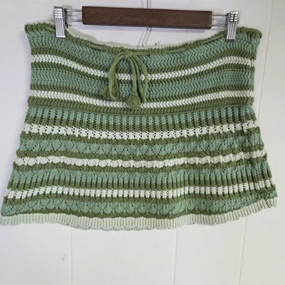 Minifalda Free People Beach Boho Crochet Verde Rayas Cordón Talla Mediana Foto 1 de 4