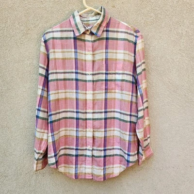 JONES NEW YORK Sport Women's Blouse Medium Plaid Pink 100% Linen Summertime - Image 1 of 4