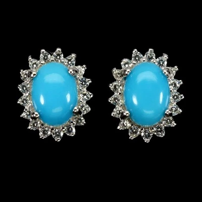 925 Sterling Silver Earrings Oval Turquoise 7x5mm Natural Gemstone Jewelry - Image 1 of 4