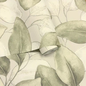 Sage Green Opulenza Leaf Vinyl Wallpaper Rasch 659870 Textured Roll - Picture 1 of 4