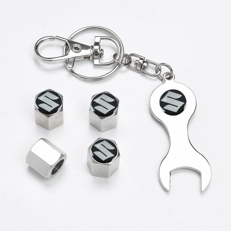 4PCS Metal Car Wheel Tire Valve Stem Caps+Keychain Wrench for Suzuki Silver - Image 1 of 1