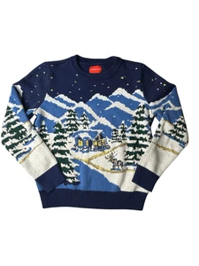 Holiday Lane Girl's Blue Combo Snowy Town Landscape Crewneck Sweater Size 8 - Picture 1 of 3
