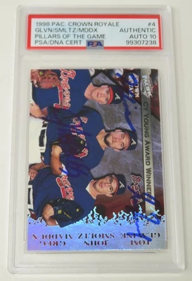 Tarjeta Pacific 1998 firmada por Greg Maddux, Tom Glavine y Smoltz Braves 4 PSA 10 automática Foto 1 de 4