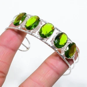 Green Peridot Gemstone Handmade 925 Sterling Silver Cuff Bracelet Adjustable - Picture 1 of 1