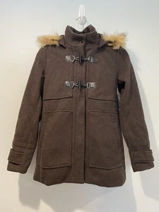 NEW Stitch Fix Duffle Jacket Womens XS Brown Wool Blend Faux Fur Hood Pockets - Picture 1 of 8