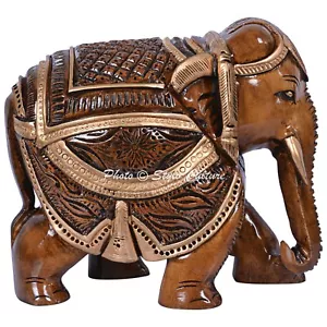 INDISCHE KUNST SKULPTUR ORNAMENT HOLZ MEENAKARI ELEFANT TIER STATUE FIGUR - Bild 1 von 3