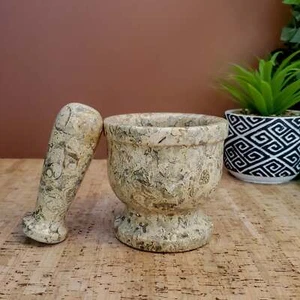 Coral Mortar and Pestle Set - Beautiful Handmade Natural Stone Kitchen Decor 4" - Picture 1 of 8