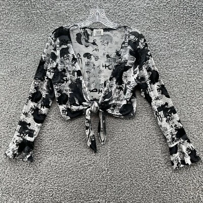 VTG 90s Jostar Top Women Medium Black Asian Print Slinky Jersey Tie Front Crop - Image 1 of 4