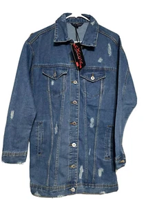Women's Excuse Long Button Down Ripped Distressed Denim Jean Jacket Coat Size S - Picture 1 of 6