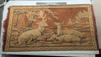 Vintage Woven Deer Forest Tapestry Rug 21x40 Wall Hanging Frayed Edge - Image 1 of 4