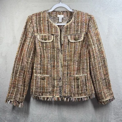 Chico’s Tweed Blazer Fringe Hem Women’s M (1) Decorative Buttons Office Business - Image 1 of 4