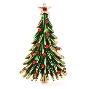 Goldfarbene Christbaum Anstecknadel Brosche mit roten Strasssteinen grüne Feiertagsbroschen - Bild 1 von 3