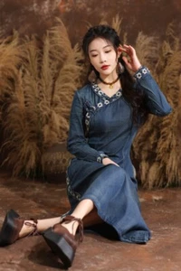 Primavera Para Mujer Moda Retro Simple Color Puro Cuello Redondo Botón Denim Vestido Nuevo - Imagen 1 de 14