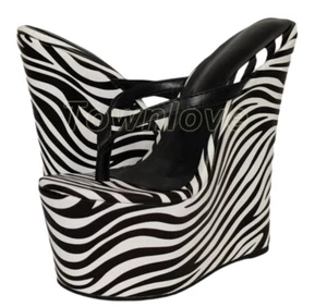 Womens Faux Leather Flip Flop Wedges 18CM Super High Heel Platform Ladies Shoes - Picture 1 of 15