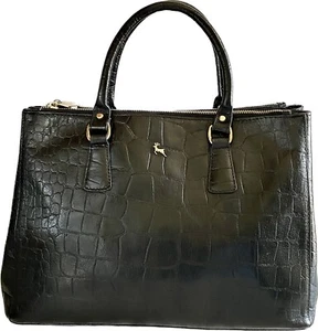 Ashwood Black Croc Embossed Veggie Tanned Leather Three Section Bag Purse - Picture 1 of 17