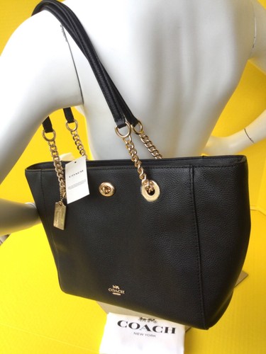 BORSA COACH 57107 Borsa BORSA in pelle ciottolata nera con lucchetto oro + catena NUOVA