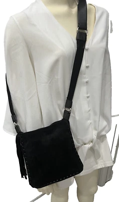 DKNY Suede Leather Handbag Leather Tassles Down Sides 7" H 7" W - Image 1 of 4