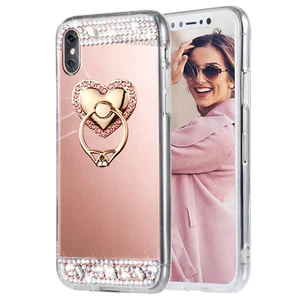Bling Diamond Crystal Ring Holder Kickstand Mirror Makeup back Soft Case Cover - Picture 1 of 12